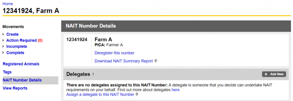 Image shows tht you select NAIT number details from the lower part of the left hand menu. A link to DOwnload NAIT Summary Report shows under the details for your NAIT number.u