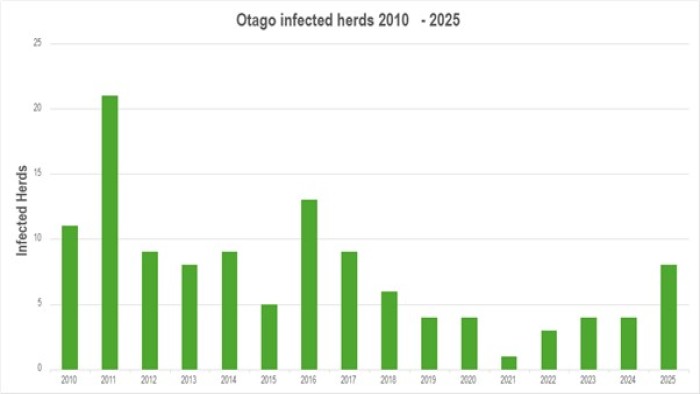 Graph showing Otago infected cattle and deer herds 1990 to 2025
