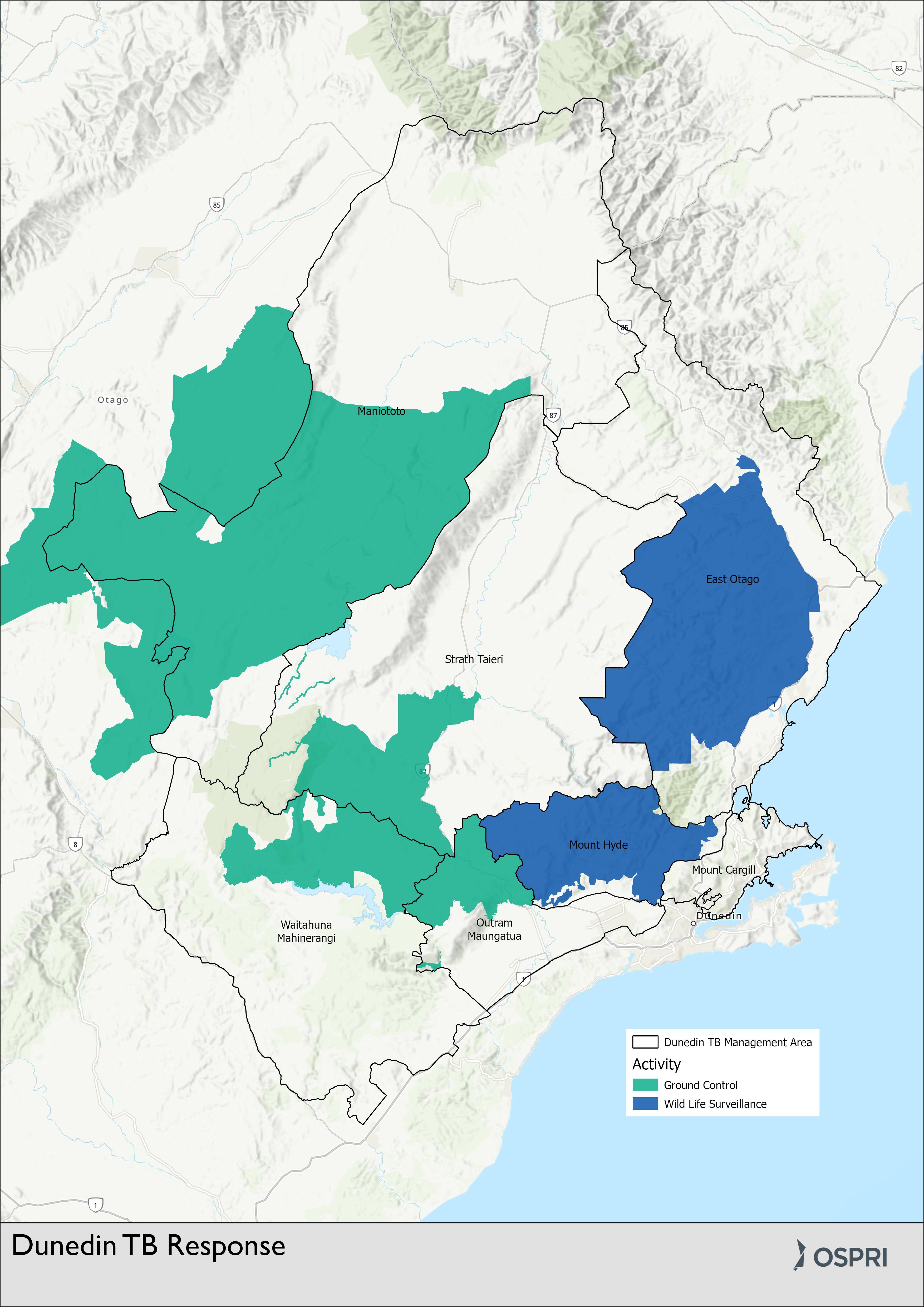 Map of Dunedin showing boundaries of the Dunedin TB management area plus areas of ground and survey operations