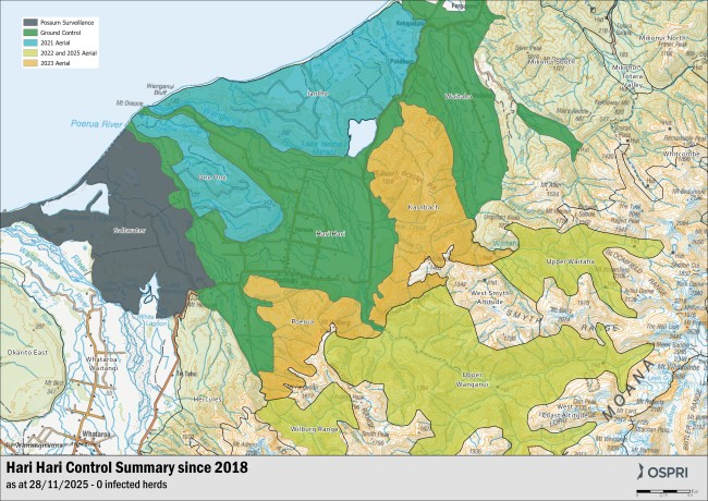 Map of Hari Hari showing areas of ground and aerial operations to control pests