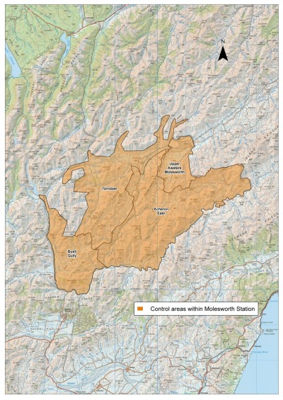 Map of the Molesworth Station area, highlighting various TB control areas