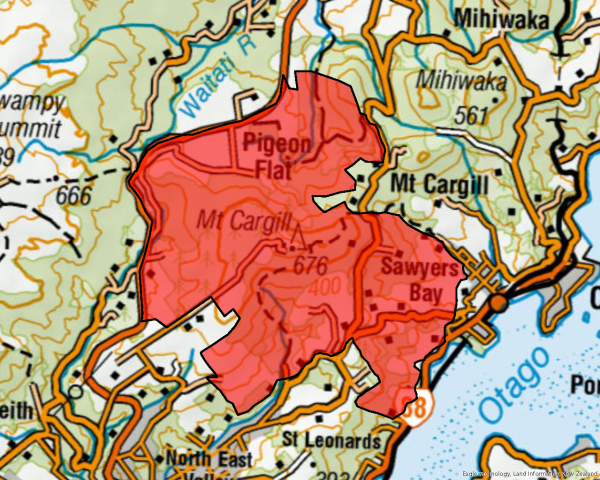 Map of Mount Cargill showing ground operation area for pest control
