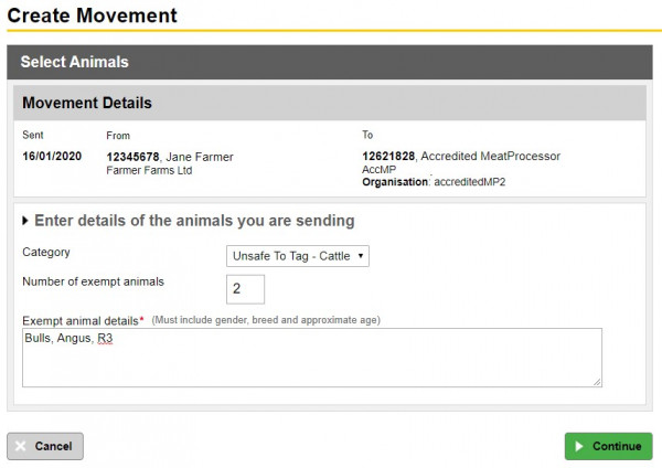 The images shows The category field ( a dropdown), a field for the number of exempt animals and a free text field where you enter details of the animals.