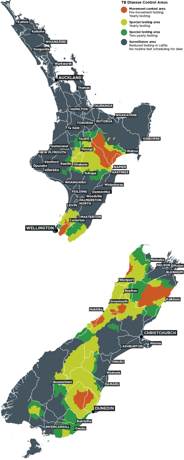 Map showing disease control area boundaries in New Zealand. Disease control areas shown include movement control areas (in orange), yearly special testing areas (in lime green), two-yearly special testing areas (in mid-green) and surveillance areas (in dark grey).
