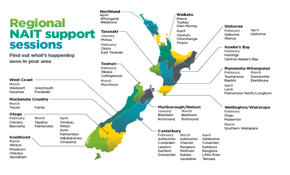 Map of New Zealand with various upcoming events listed