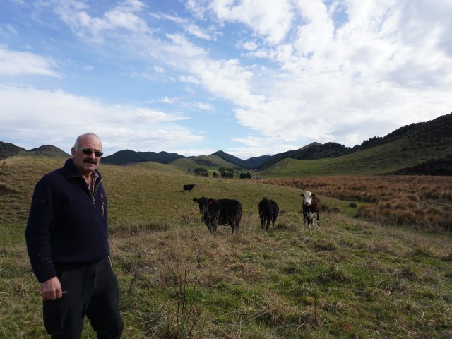 A farmer posing for the camera, with cows grazing behind him
