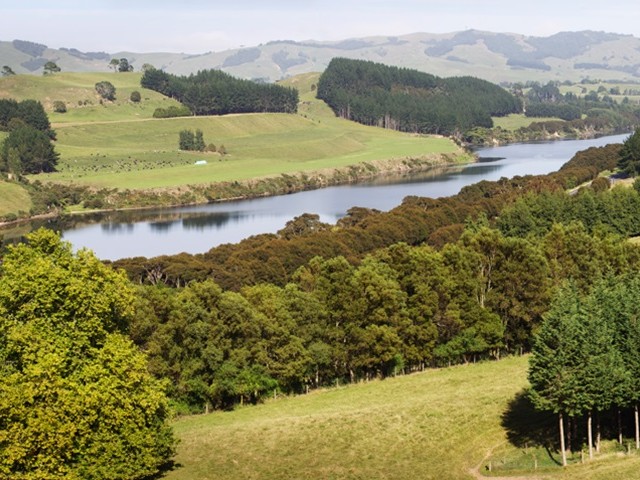 Aerial view of tree-covered hills, sloping down to a river