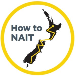 stylised logo featuring New Zealand with a yellow trace line