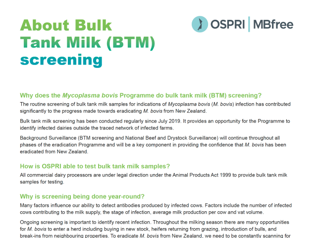 Factsheet cover for 'About bulk tank milk screening'