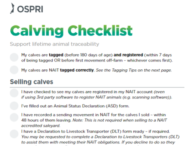 Front page of calving checklist