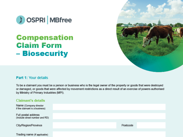 Form cover for 'Mycoplasma bovis compensation claim form — biosecurity'