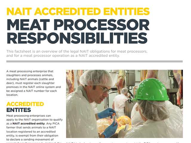 Screenshot of factsheet 'NAIT Meat processor responsibilities'