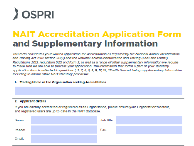 screenshot of NAIT accreditation application form