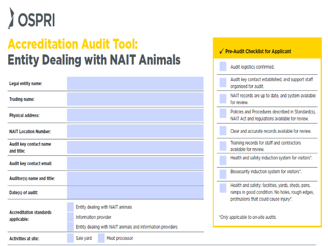 Screenshot of NAIT accreditation audit tool - entities dealing with NAIT animals