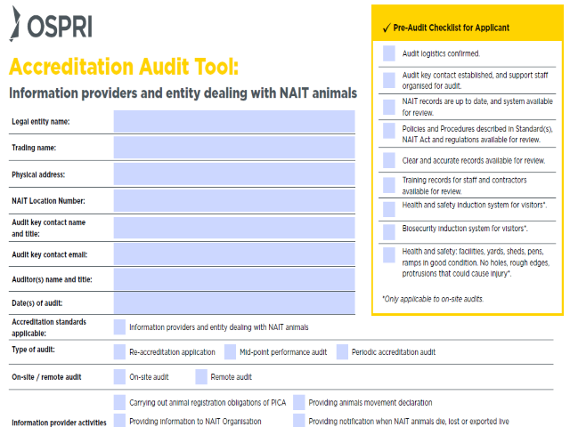 Screenshot of NAIT accreditation audit tool - information providers and entities dealing with NAIT animals