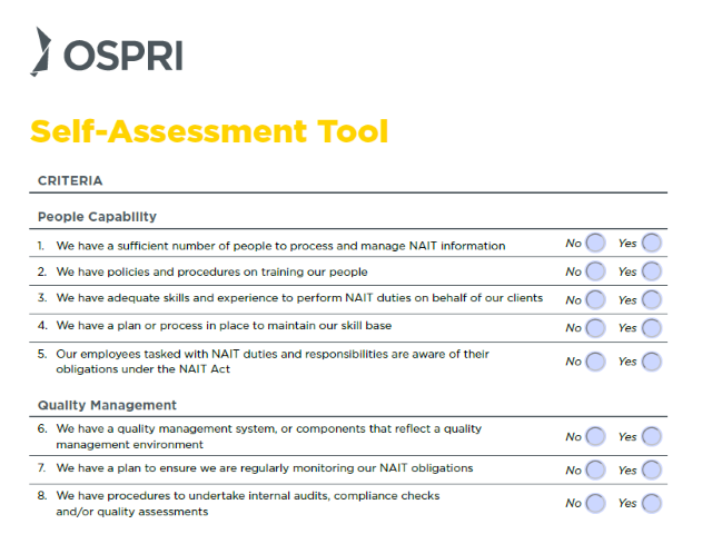 Screenshot of NAIT accreditation self-assessment tool