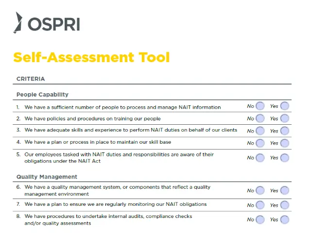 Screenshot of NAIT accreditation self-assessment tool