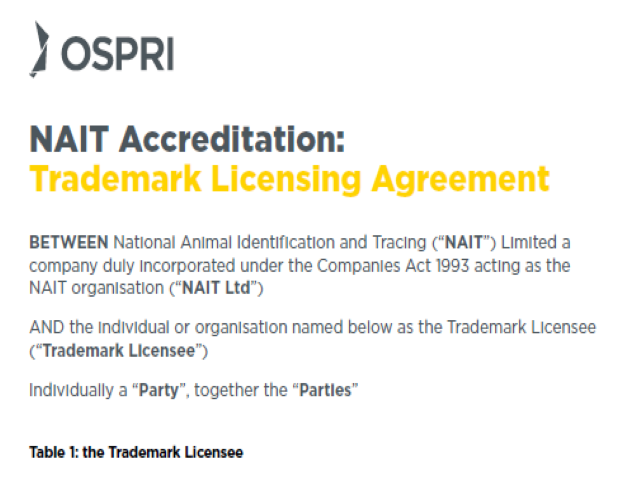 Screenshot of NAIT accreditation trademark licensing agreement