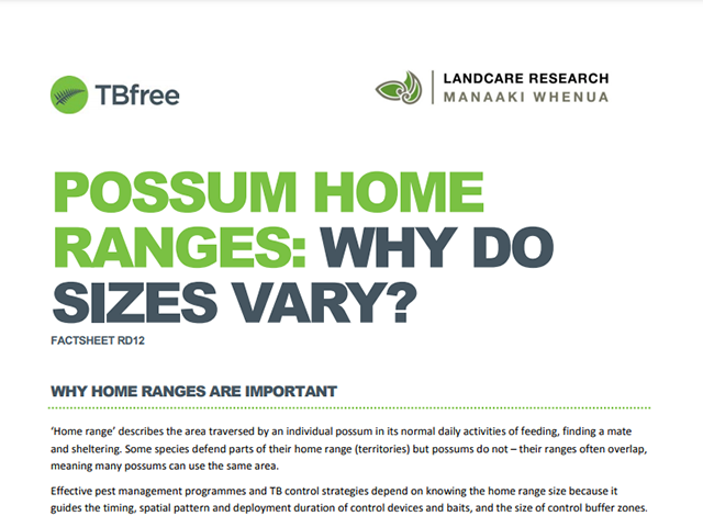 Factsheet cover 'TBfree Possum home ranges'