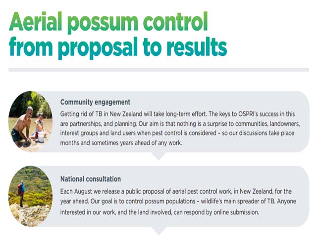 Screenshot with the title "Aerial possum control - from proposal to results", followed by two bubbles containing information about community engagement and national consultation