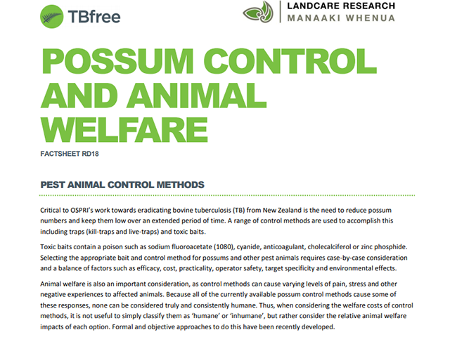 factsheet cover 'TBfree possum control and animal welfare'