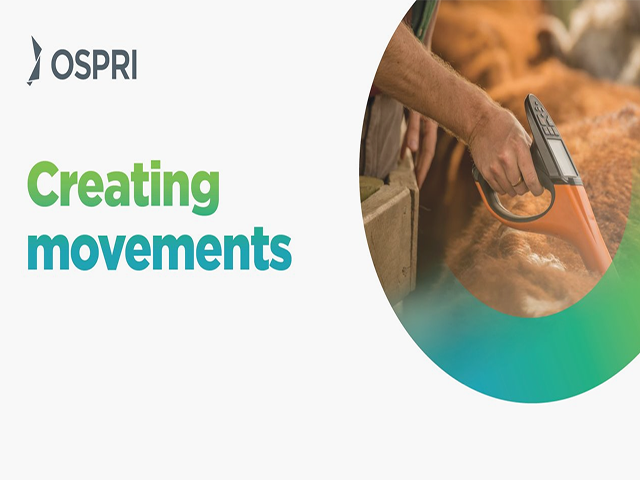 The words "Creating movements" are on the left. On the right, inside a circle, is a close-up image of a farmer scanning a cow with a wand