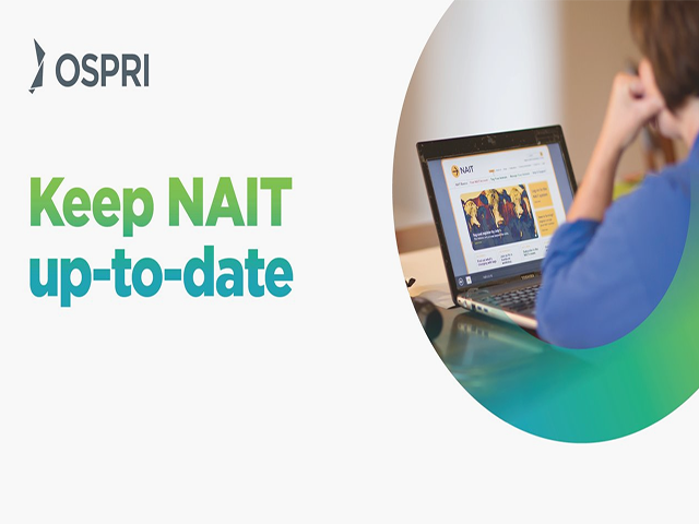 The words "Keep NAIT up to date" are on the left. On the right, inside a circle, is an image of a person using the NAIT system on a laptop at a desk