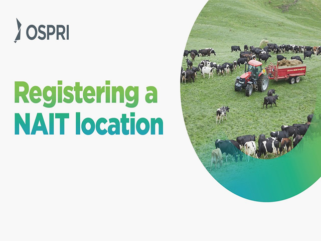 The words "Registering a NAIT location" are on the left. On the right, inside a circle, is an image of a tractor attached to a trailer of hay, and surrounded by cows in a field
