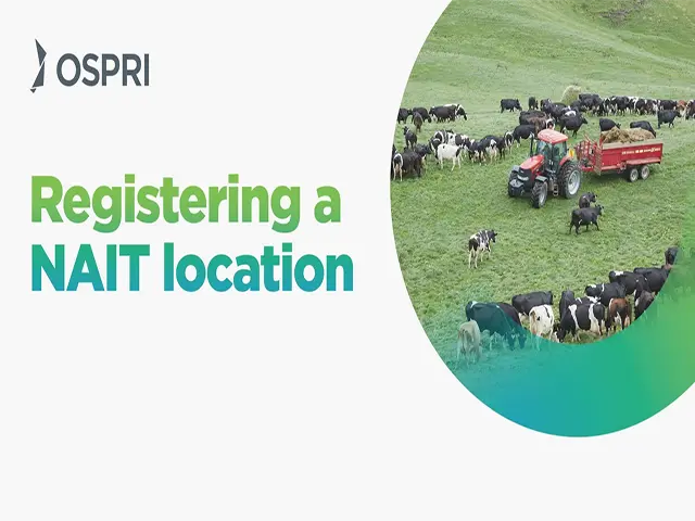 The words "Registering a NAIT location" are on the left. On the right, inside a circle, is an image of a tractor attached to a trailer of hay, and surrounded by cows in a field